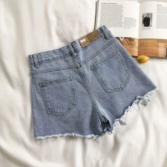 Women Korean Denim Shorts//Casual High Waist Ripped Jeans//Pocket Tassel//Streetwear