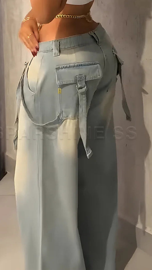 Jeans for Women Straight Pants//Vintage Denims//Washed Mid Waist//Loose Fit//Denim Long Pants Streetwear