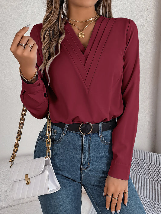 Women's Triple V Neck Long Sleeve Chiffon Shirt Red//White Khaki Women Tops Casual