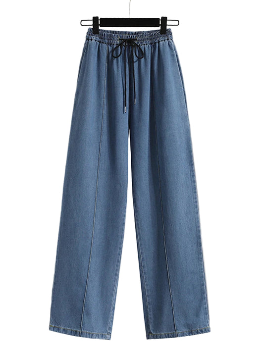 Women Jeans//New Arrivals High Waist Drawstring Loose Blue Jeans Pants//Korean Style Casual Trousers Women