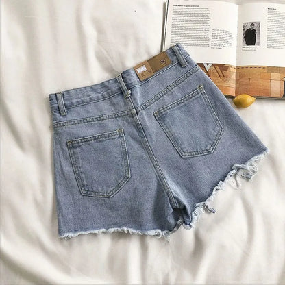Women Korean Denim Shorts//Casual High Waist Ripped Jeans//Pocket Tassel//Streetwear