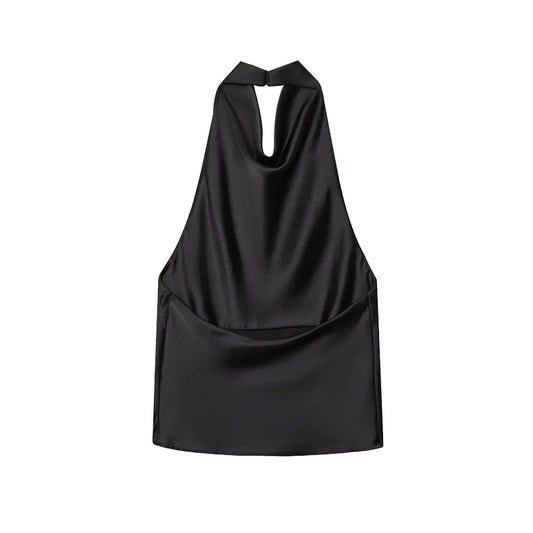 Halter Tops for Women//Black Satin//Backless Top//Summer Beach Top//Woman off Shoulder Camisole Top