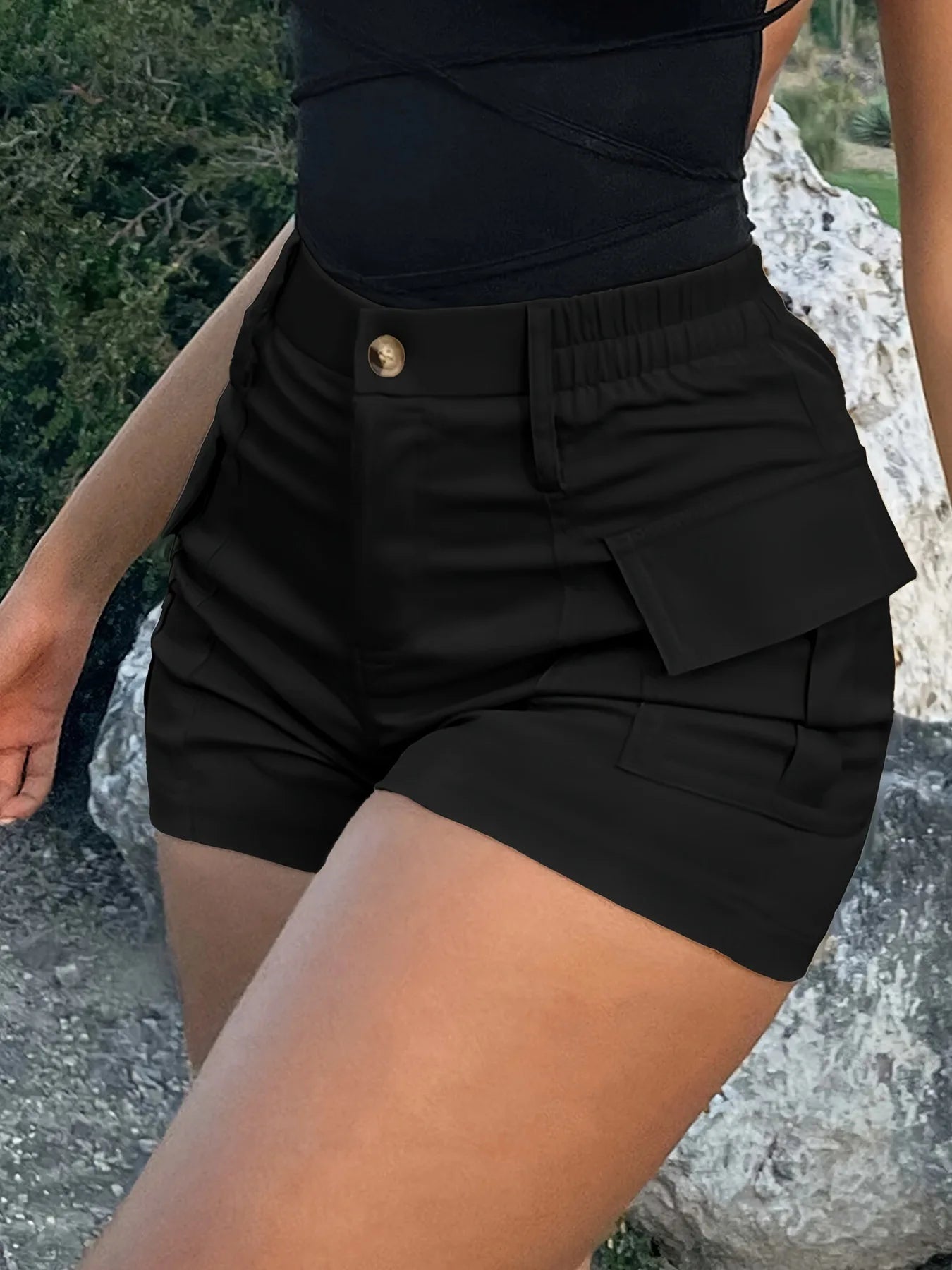 Casual Women's Short Pants//High Waist Button Streetwear//Short Pocket Cargo Shorts
