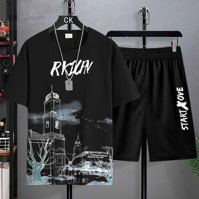 Men's Quick Drying tracksuits//Casual Breathable Short Sleeve 3D Printed Sports T-shirt+Shorts