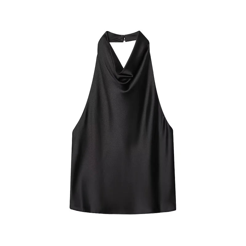 Halter Tops for Women//Black Satin//Backless Top//Summer Beach Top//Woman off Shoulder Camisole Top