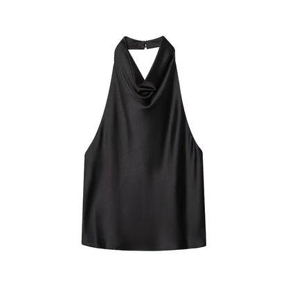 Halter Tops for Women//Black Satin//Backless Top//Summer Beach Top//Woman off Shoulder Camisole Top