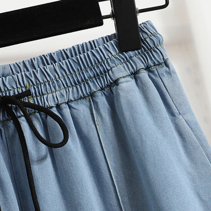 Women Jeans//New Arrivals High Waist Drawstring Loose Blue Jeans Pants//Korean Style Casual Trousers Women