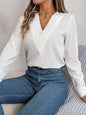 Women's Triple V Neck Long Sleeve Chiffon Shirt Red//White Khaki Women Tops Casual