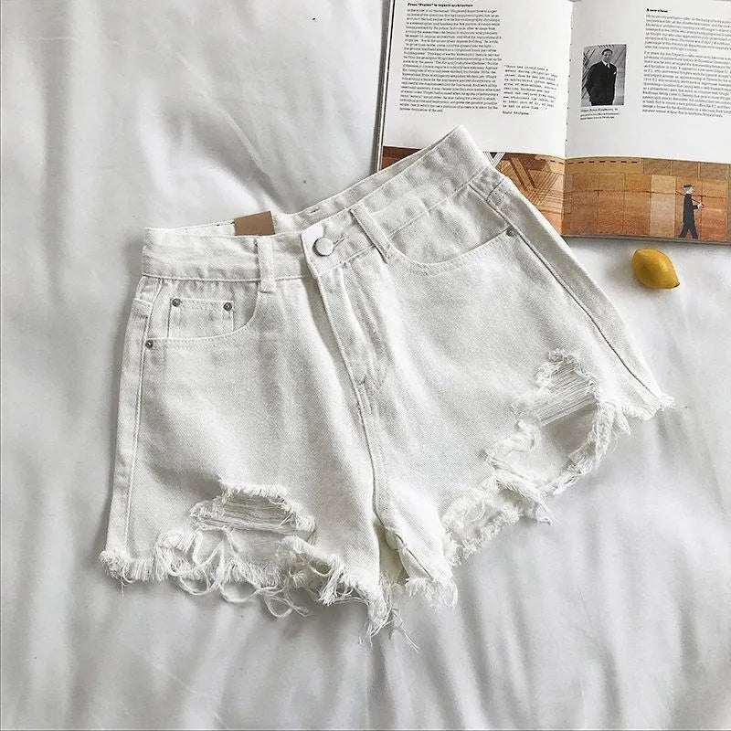 Women Korean Denim Shorts//Casual High Waist Ripped Jeans//Pocket Tassel//Streetwear