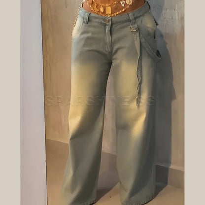 Jeans for Women Straight Pants//Vintage Denims//Washed Mid Waist//Loose Fit//Denim Long Pants Streetwear