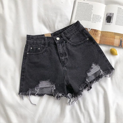 Women Korean Denim Shorts//Casual High Waist Ripped Jeans//Pocket Tassel//Streetwear