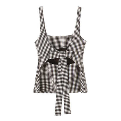 Women Bow Embellished Small Plaid Top//Summer Camisole Sleeveless Top//Women's Tank Top