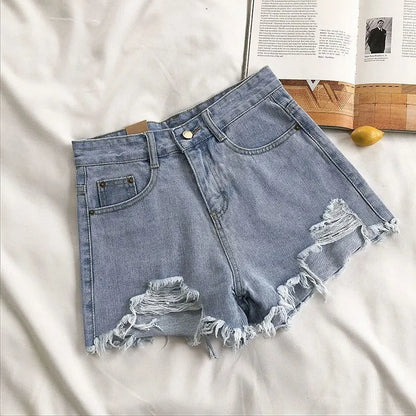 Women Korean Denim Shorts//Casual High Waist Ripped Jeans//Pocket Tassel//Streetwear