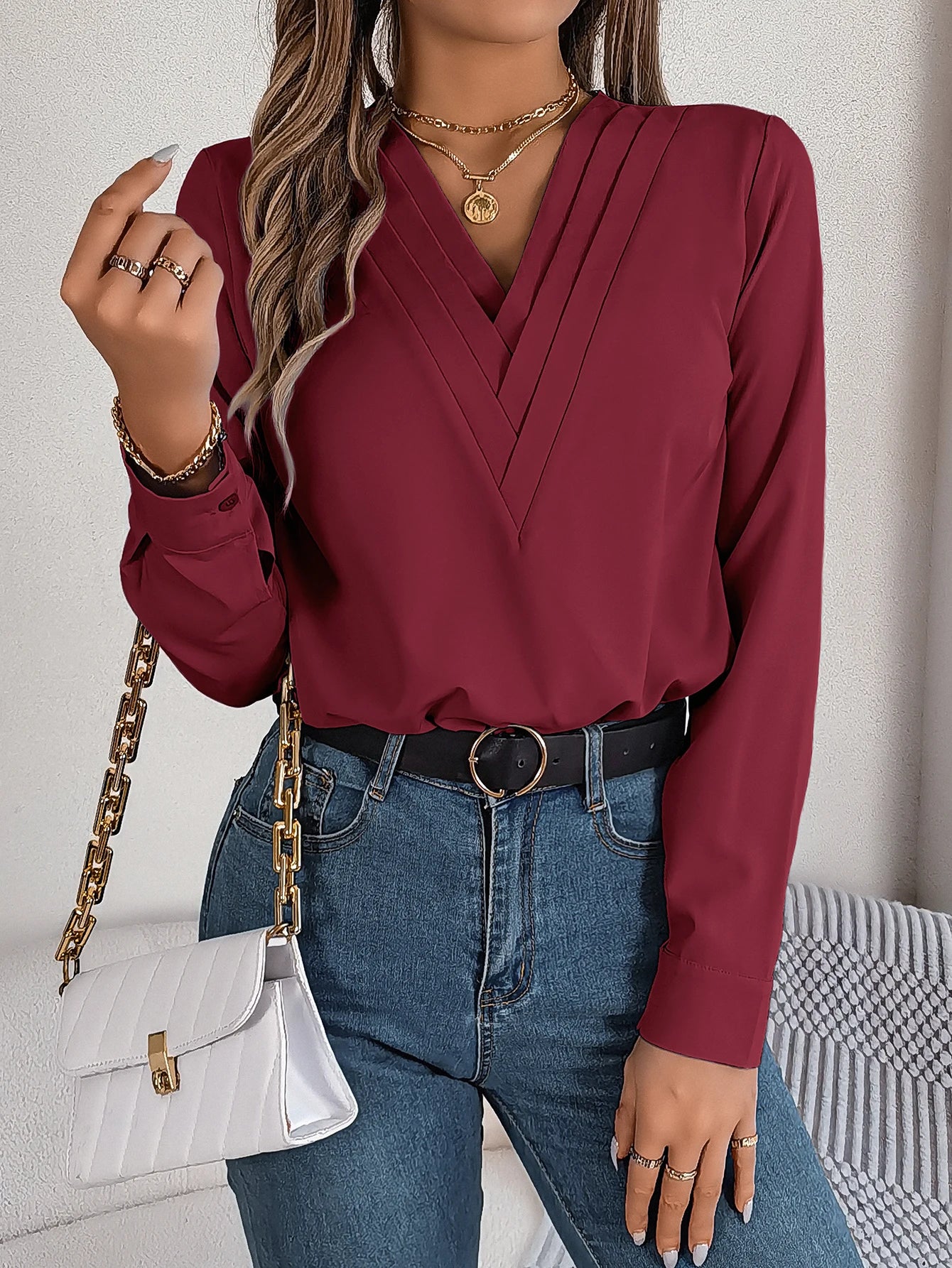 Women's Triple V Neck Long Sleeve Chiffon Shirt Red//White Khaki Women Tops Casual