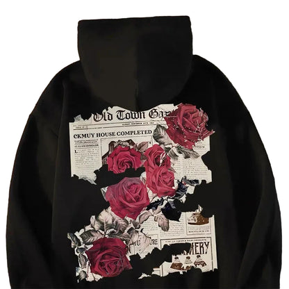 Men's Hoodie//Graphic Vivid Rose Print//Cotton Hoodies//American Retro Personality Streetwear Casual//Hooded Sweatshirt Men's Clothing
