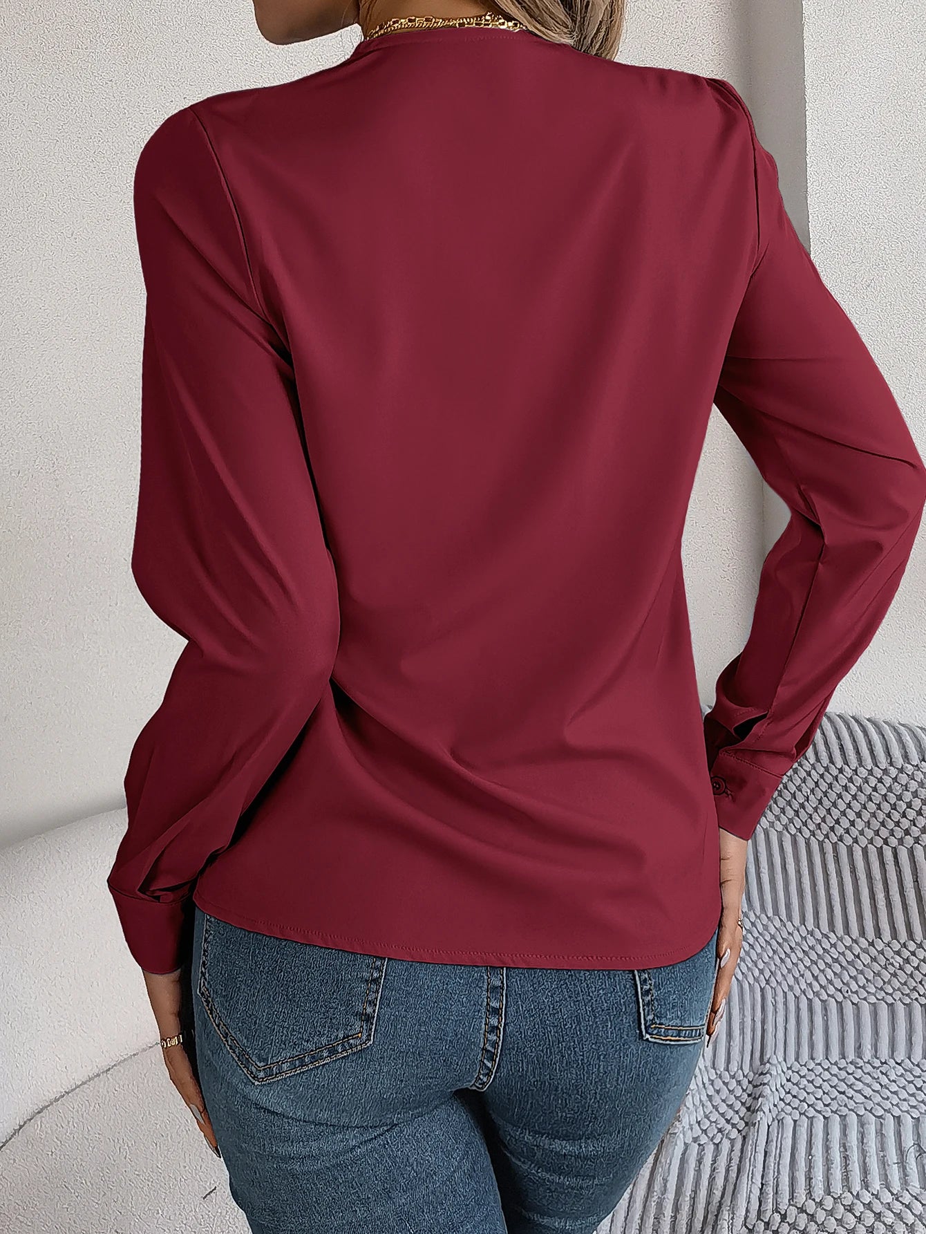 Women's Triple V Neck Long Sleeve Chiffon Shirt Red//White Khaki Women Tops Casual
