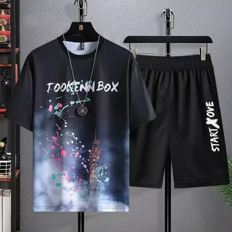 Men's Quick Drying tracksuits//Casual Breathable Short Sleeve 3D Printed Sports T-shirt+Shorts