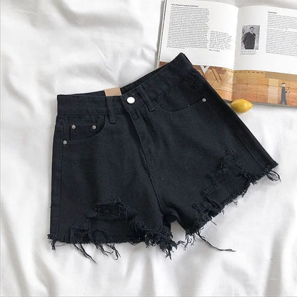Women Korean Denim Shorts//Casual High Waist Ripped Jeans//Pocket Tassel//Streetwear