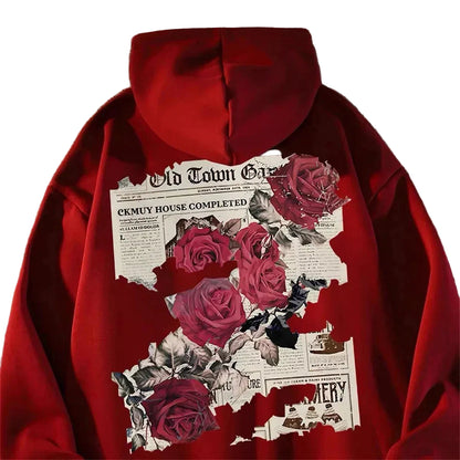 Men's Hoodie//Graphic Vivid Rose Print//Cotton Hoodies//American Retro Personality Streetwear Casual//Hooded Sweatshirt Men's Clothing