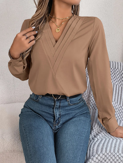 Women's Triple V Neck Long Sleeve Chiffon Shirt Red//White Khaki Women Tops Casual
