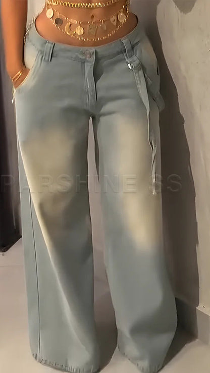 Jeans for Women Straight Pants//Vintage Denims//Washed Mid Waist//Loose Fit//Denim Long Pants Streetwear