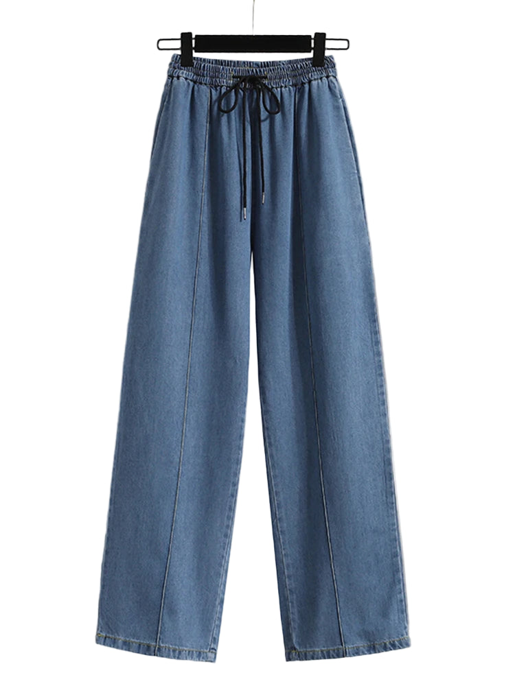 Women Jeans//New Arrivals High Waist Drawstring Loose Blue Jeans Pants//Korean Style Casual Trousers Women