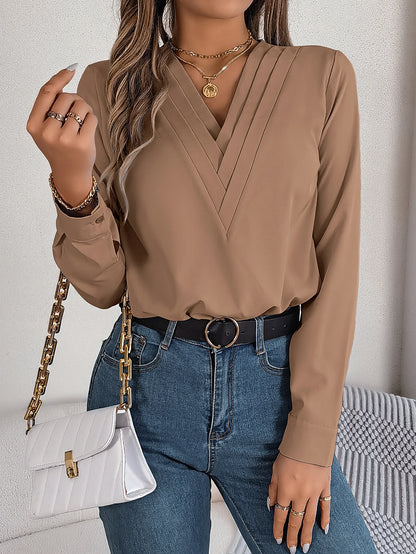 Women's Triple V Neck Long Sleeve Chiffon Shirt Red//White Khaki Women Tops Casual
