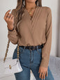 Women's Triple V Neck Long Sleeve Chiffon Shirt Red//White Khaki Women Tops Casual